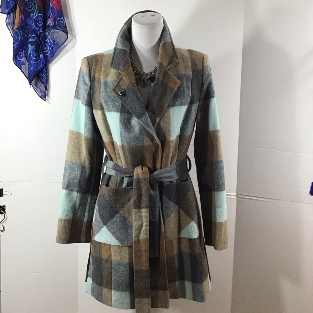 Etcetera EE Multicolor Plaid wool blend Trench Coat